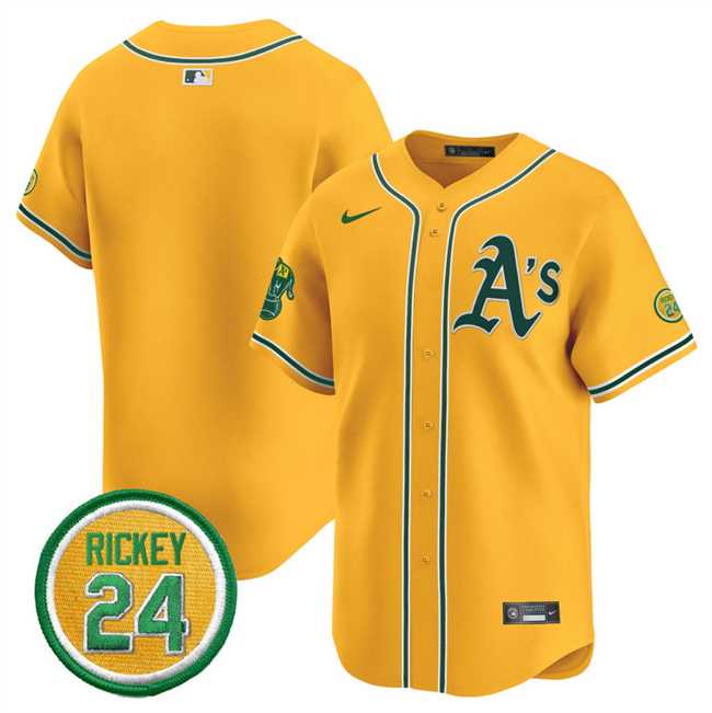 Men%27s Oakland Athletics Blank Yellow 2024 Limited With Rickey Henderson Patch Stitched Jersey Dzhi